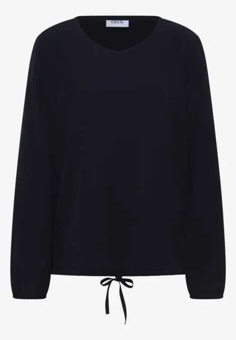 Schwarze Bluse mit langen Ärmeln und Zugband am Saum.